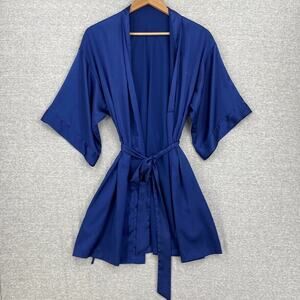 Victorias Secret Robe Womens Small/Medium Blue Silky Pockets Short Sleeve Tie